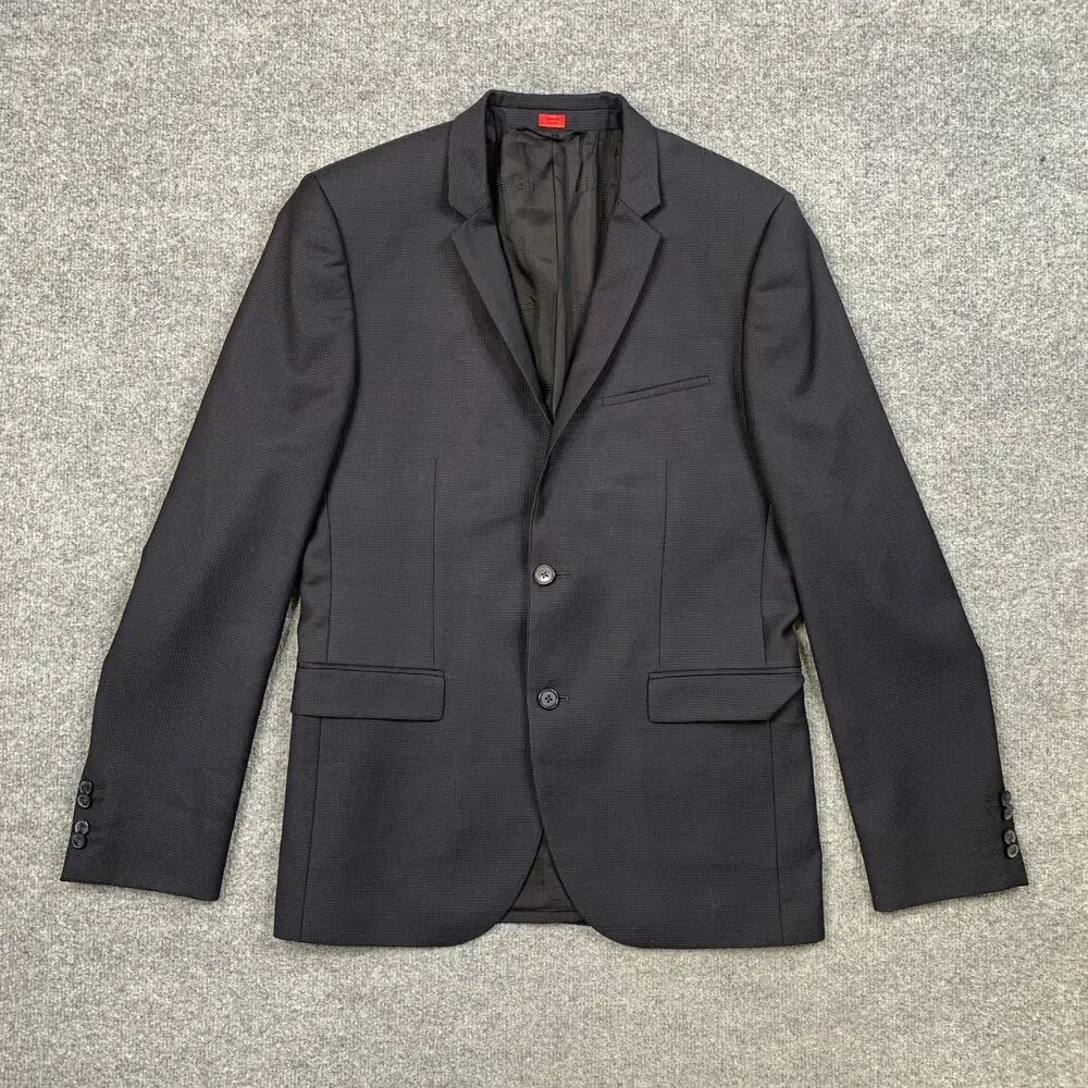 Hugo‎ Boss Blazer Mens 38R Navy Black Virgin Wool Notch 2 Button Single Breasted